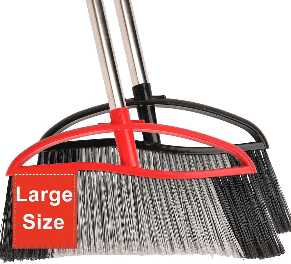 Commercial Heavy Duty Outdoor Broom, 15.7" Extra Wide Angle Broom with 4-Layer Stiff Bristles, Adjustable 38-53.5" Handle for Patio Garage Garden Yard Concrete (Red)