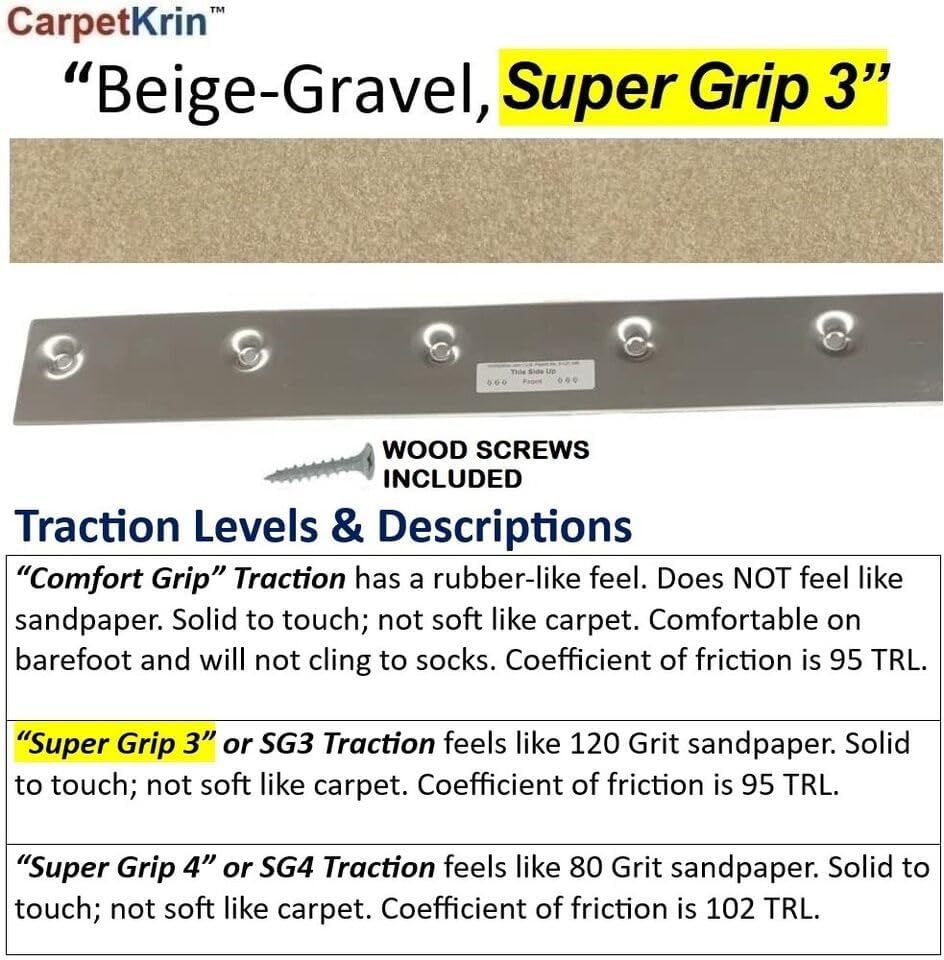 CarpetKrin, Non-Slip Nosing for Carpeted Stair, Carpet Grip Anti Slip Tread Protection; x5 Pcs (19x2 Inches; Beige-Gravel with SG3 Traction)