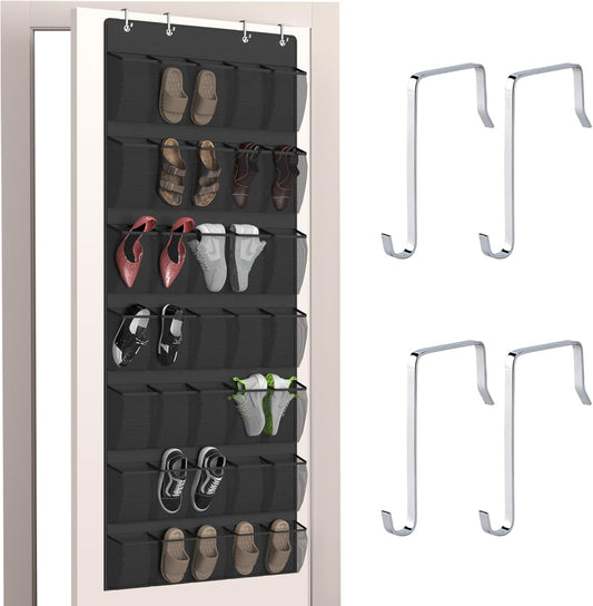 Aisoso Over the Door Shoe Organizer with 35 Large Breathable Mesh Pockets and 4 Metal Hooks Space Saving Hanging Storage Holder for Men's and Women's Shoes, Accessories, Black