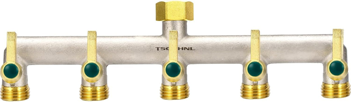 Heavy Duty Brass Garden Hose Splitter, 2-Way Faucet Splitter with 2 Extended Metal Handles, Outdoor Hose Splitter, GHT 3/4-Inch Heavy Duty Hex Female Inlet and 3/4-Inch Male Outlet, Nickel Plated