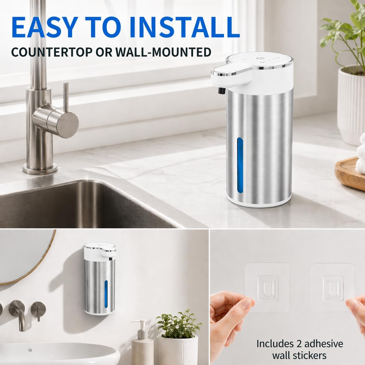 Automatic Foaming Soap Dispenser Touchless, 304 Stainless Steel Hand Soap Dispenser, USB Rechargeable, 4 Adjustable Levels, 13.5 oz (400 ml), for Kitchen & Bathroom (Black, Foam)