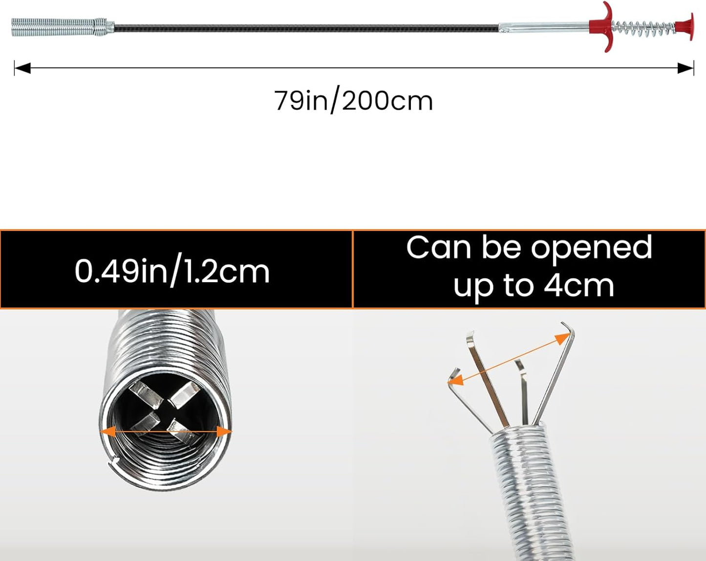 Drain Snake, 79-Inch Drain Clog Remover Tool, Flexible Grabber Claw for Bath Tub, Toilet, Kitchen Sink & Sewer