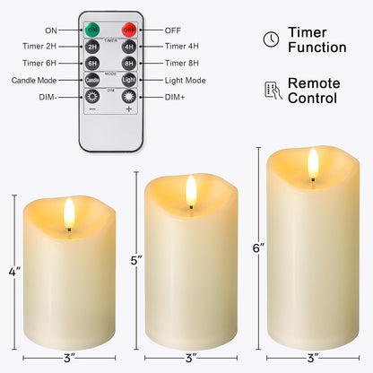 Outdoor Flameless Candles with Remote Timer - Waterproof Realistic Flickering LED Pillar Electric Battery Operated Fake Candle for Holiday Home Wedding Fireplace Decor - Ivory White 3 Pack (4”6”8”)