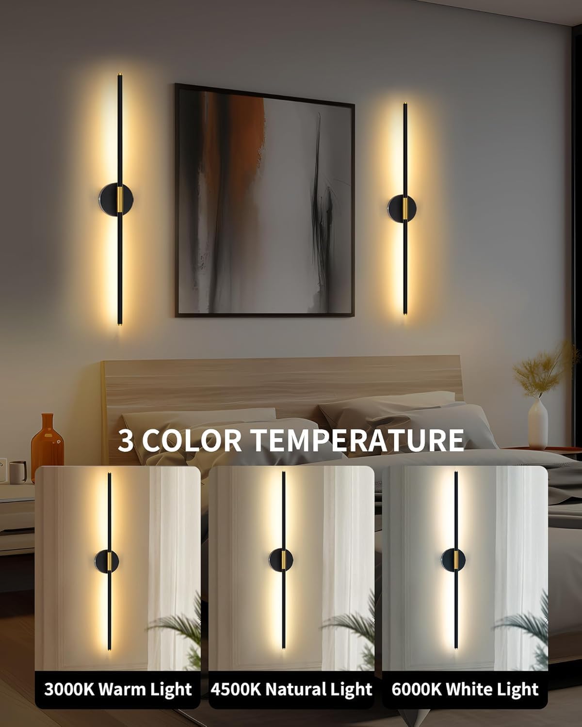 24 Inch Battery Operated Wall Sconce Set of 2, Dimmable Battery Sconces with Remote Control, 8000 mAh Rechargeable Sconces, 350° Rotate Modern LED Lights for Bedroom, Living Room, Black Gold