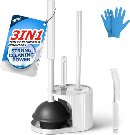 FORASTO 3 in 1 Toilet Brush and Plunger Set with Holder for Bathroom White | compact set, 3 in 1 deep cleaning, home toilet bowl crevice, brush plunger combo,Crevice Cleaning Brush