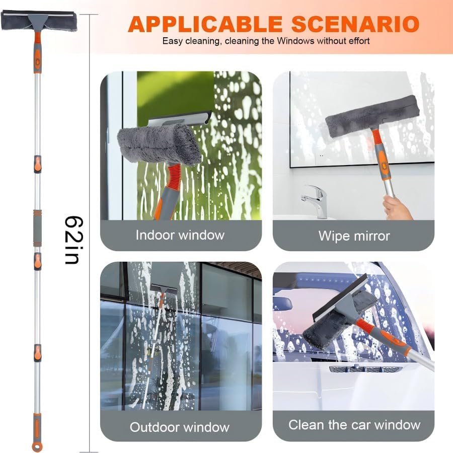Professional Window Squeegee Cleaner, 2 in 1 Shower Squeegee with Extension Pole, 62‘’ Telescopic Window Washing Equipment with Bendable Head, Glass Cleaning Tools for Indoor/Outdoor High Window