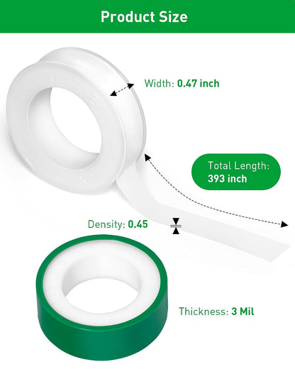 3 Roll Plumbers Tape, Teflon Water Pipe Sealing Tape, High-Density Thickening and Lengthen, High-Sealing Performance Waterproof Duct, Thread Seal, L 590 in x W 0.51 in. White
