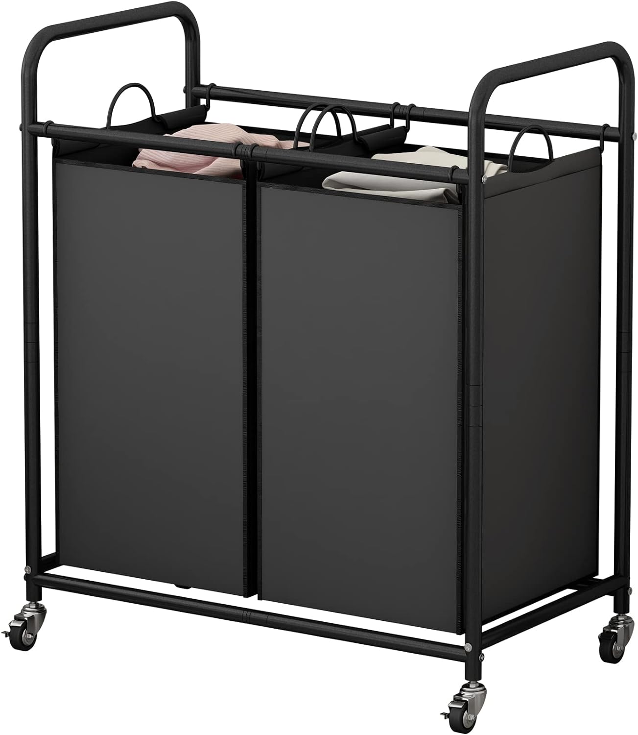 SUOERNUO Laundry Sorter Basket 2 Bag Laundry Hamper Cart with Rolling Lockable Wheels and Removable Bags Laundry Organizer Cart for Clothes Storage, Assorted