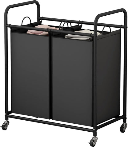 SUOERNUO Laundry Sorter Basket 2 Bag Laundry Hamper Cart with Rolling Lockable Wheels and Removable Bags Laundry Organizer Cart for Clothes Storage, Assorted