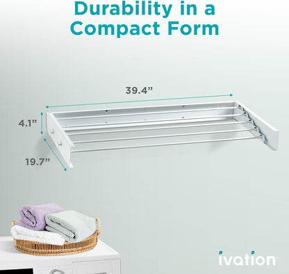 Ivation Retractable Wall Mounted Clothes Drying Rack, 40" Foldable Laundry Drying Rack for Clothing | Collapsible Space-Saving Design & 5 Rods | Easy Installation with Hardware & Wall Template (White)