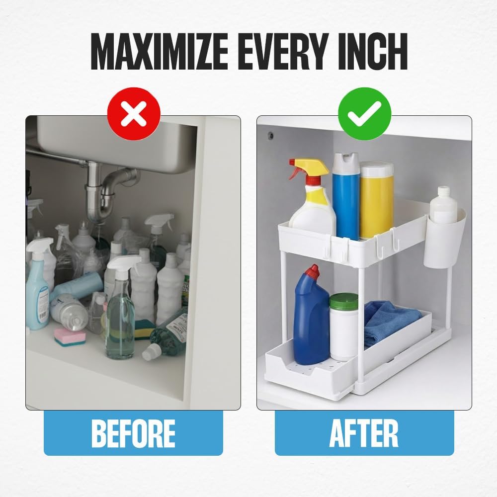 Undersink Organizer, 2-Tier Under Sink Storage Rack with Sliding Drawers for Kitchen Bathroom Cabinets, Pull Out Organizer for Pantry, Laundry Room & Closet Organization - 1 Pack, Black