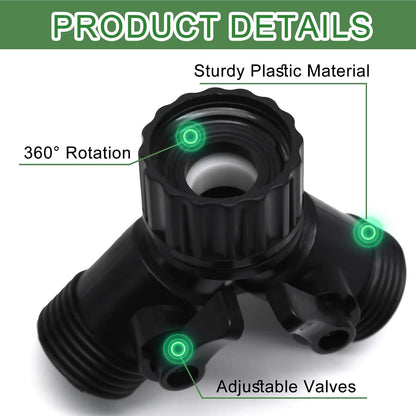 2 Way Y Splitter for 3/4" Garden Hose, Black, 2 Pcs | Plastic Hose Connectors, Faucet Watering Shut Off Valves, For Irrigation