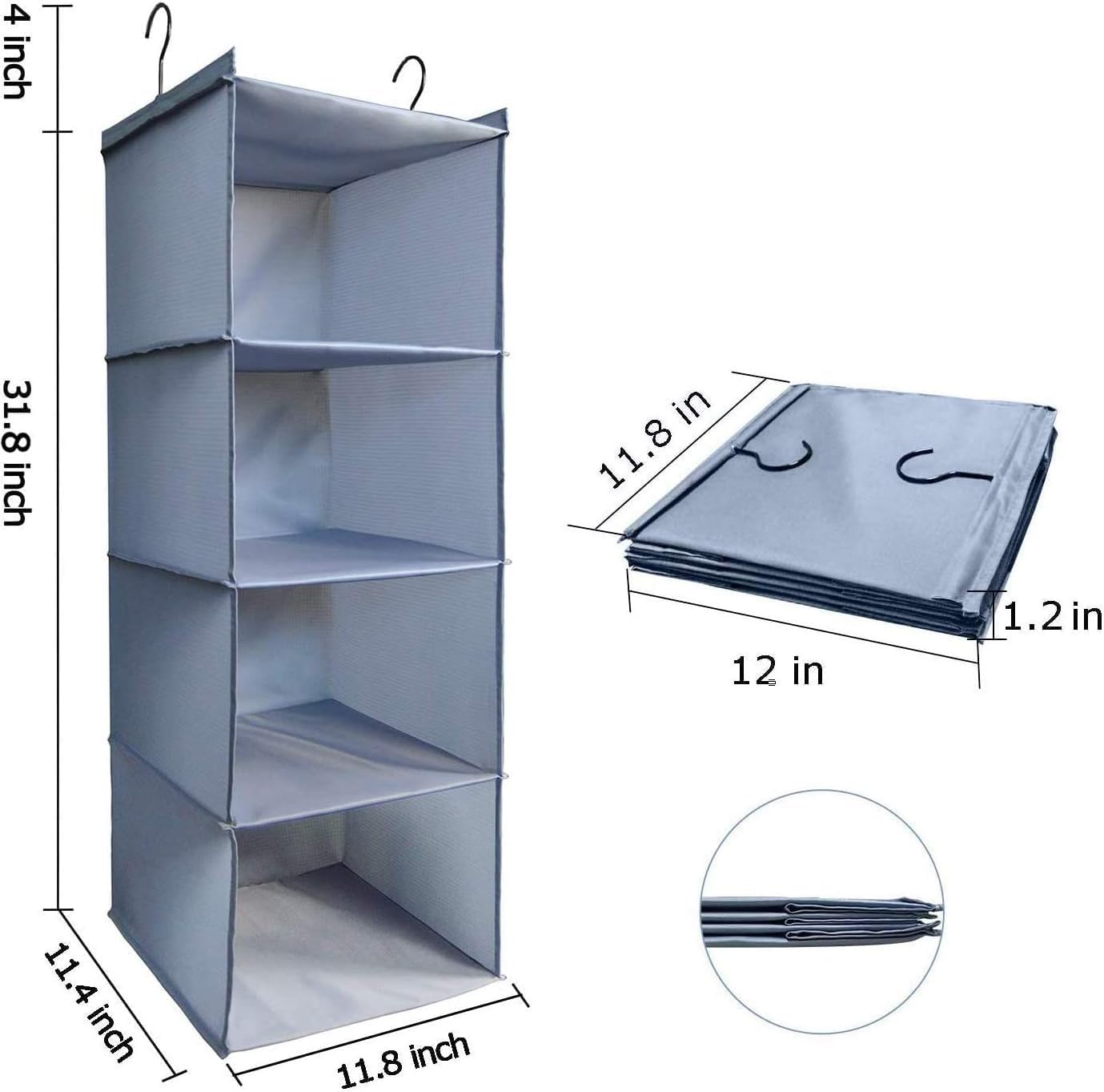 Hanging Closet Organizer 3-Shelf, Oxford Fabric Wardrobe Storage, Gray | Easy-mount foldable design holds clothes, handbags, shoes & accessories; washable Oxford fabric, sturdy and space-saving.
