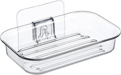 Bar Soap Dish for Shower Clear Soap Holder with Self-Draining Design, Wall Mounted Soaps Saver No Drilling with Strong Adhesive Clear Plastic Sponge Bar Soaps Saver for Bathroom Bathtub Kitchen Sink