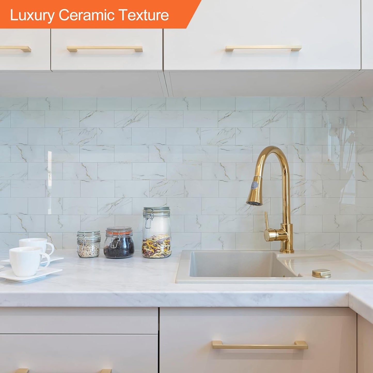 10- Sheet Polished White Peel and Stick Backsplash, 12’’Luxury PVC Ceramic Look Self Stick Subway Tiles, Waterproof Peel and Stick Wall Tiles for Kitchen and Bathrrom