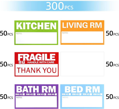 Home Moving Labels, 300 Count Color Coded Moving Labels for Boxes, 3.5"x2" Large Packing Stickers with Writable Areas, Includes Fragile and Blank, Removable