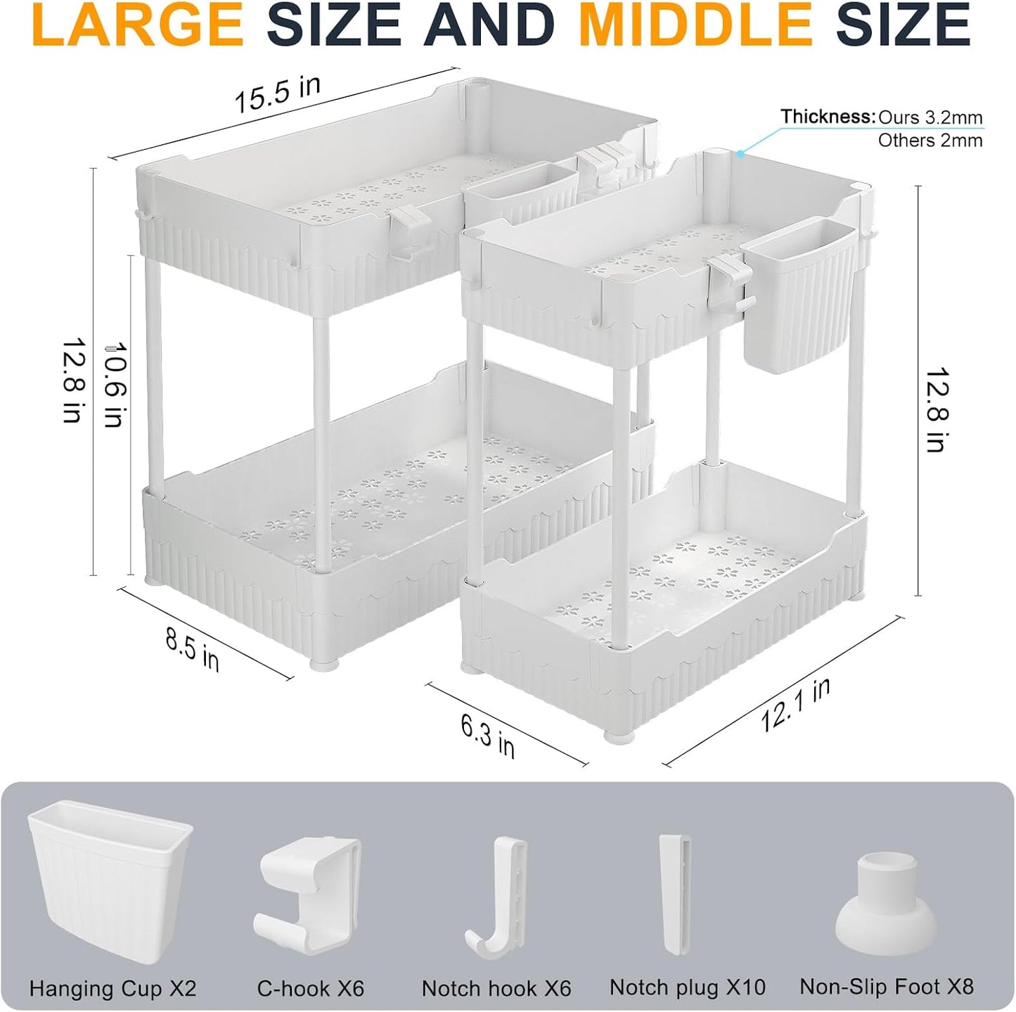 Sevenblue 2 Pack Under Sink Organizer, Under Bathroom Cabinet Organizer with Hooks Hanging Cup, Multi-Purpose Storage Shelf for Kitchen Bathroom, Black