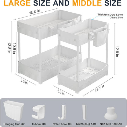 Sevenblue 2 Pack Under Sink Organizer, Under Bathroom Cabinet Organizer with Hooks Hanging Cup, Multi-Purpose Storage Shelf for Kitchen Bathroom, Black