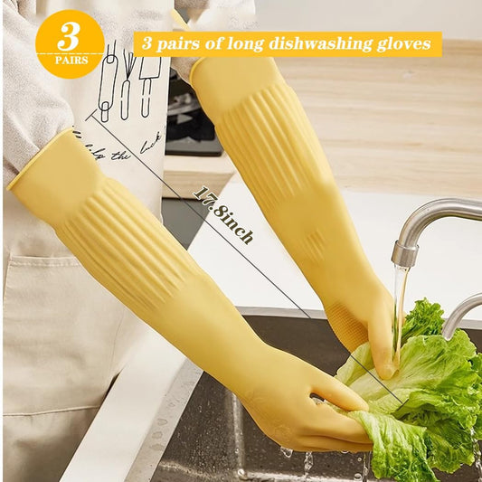 3-Pair 17.8-Inch Elbow-Length Reusable Rubber Waterproof Household Cleaning and Kitchen Dishwashing Gloves - Medium Size