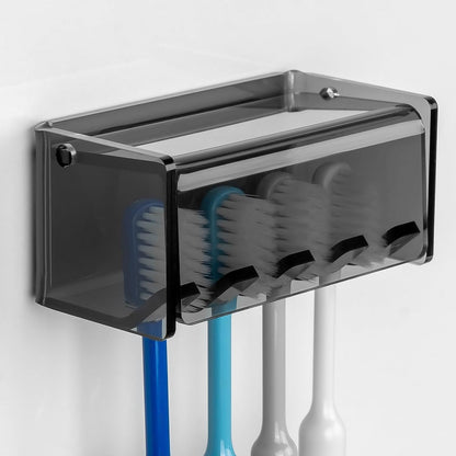 5 Slots Wall Mount Toothbrush Holder with Cover, Self Adhesive Toothbrush Storage Organizer for Shower, Toothbrush Hanger with Automatic Toothpaste Squeezer Dispenser