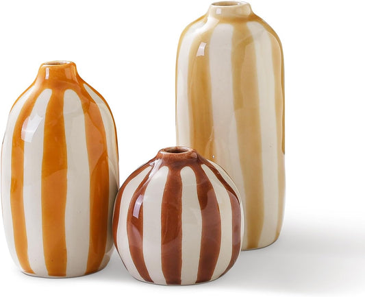 UniCasa Ceramic Vase Set of 3 for Pampas Grass, Dried or Fresh Flowers, Small Vases for Mantel Bookshelf Tabletop Decor, Neutral Shining Finish for Modern Farmhouse Boho Vintage Home