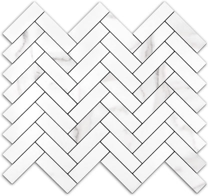 STICKGOO 10 Sheets Herringbone Peel and Stick Backsplash, Stick on Aluminum Composite PVC Kitchen Backsplash, Marble White Mixed Light Grey Look Self Adhesive Wall Tiles