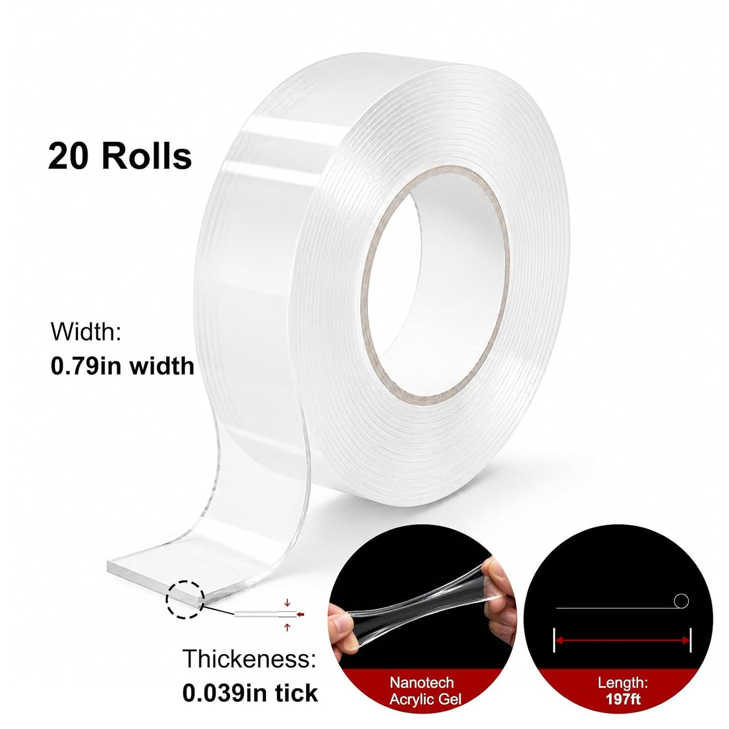Double Sided Nano Tape, Clear, Removable, No Residue, Reusable, 300cm/9.85 Ft Roll, for Wall Hanging, Posters, Carpet, Home Decoration 4pack