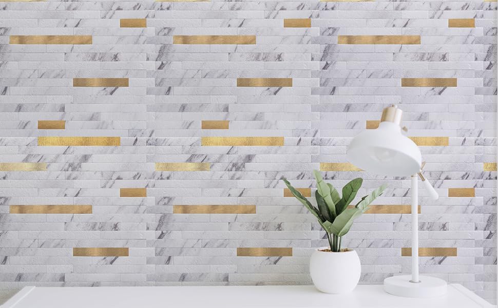 Art3d 10-Sheet Peel and Stick Backsplash Tile for Kitchen Bathroom Fireplace Laundry Room in White Slate with Gold Studded