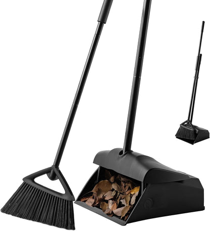 Eyliden Commercial Angle Broom and Dustpan Combo with Long Handle and Lid | High Capacity, Upright Locking Mechanism, Windproof Outdoor Dustpan and Broom Combo for Garden Yard Patio Commercial Garage