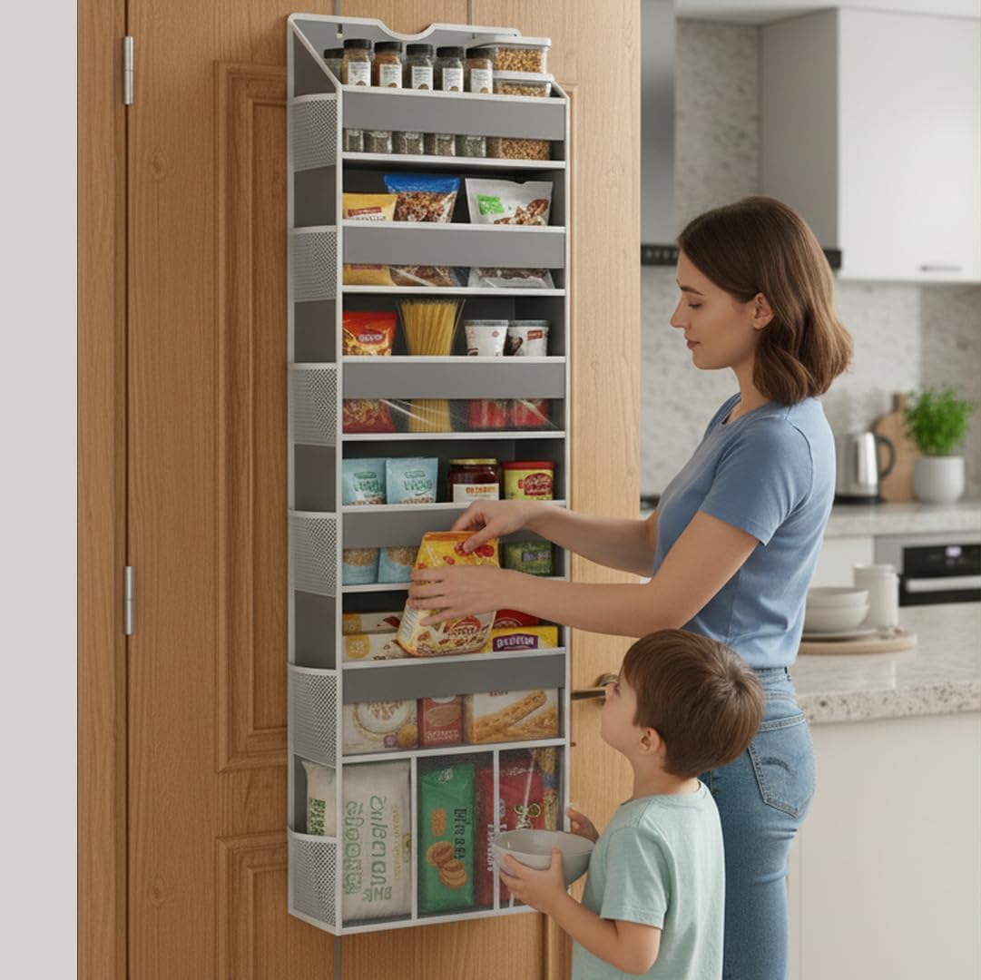 Over the Door Hanging Organizer - Closet Door Organizer and Storage with Large Pockets, Swing-Proof Behind The Door Organizer for Bathroom Nursery (Grey, 1 Pack -Extra Large 6 Tier)