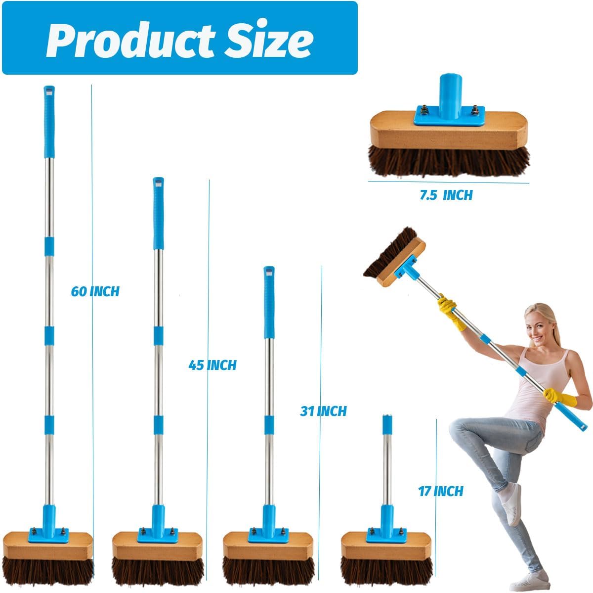 YONILL Heavy Duty Deck Brush with Long Handle - 60" Floor Scrub Brush with Stiff Natural Palmyra Bristles, Outdoor Scrubber Brushes for Cleaning Rough Surface, Concrete Floor, Patio, Garden, Sidewalk