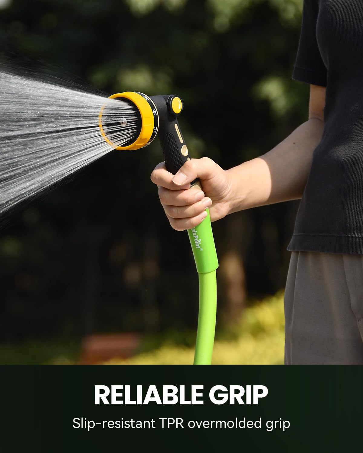 RAINPOINT Garden Hose Nozzle Heavy Duty - 100% Metal Thumb Control Spray Nozzles for Garden Hose High Pressure, 10 Patterns Water Hose Nozzle for Car Wash, Watering Lawn and Pets, Green