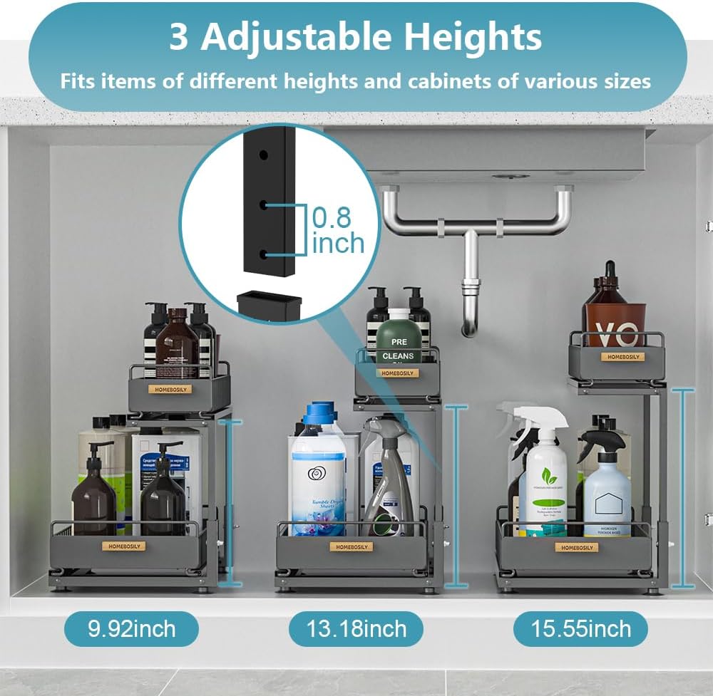 Under Sink Organizer Kitchen - Upgraded Professional Rails, 2 Tier Dual Pull Out Cabinet Storage, Height Adjustable Under Sink Storage, Metal Sliding Drawer for Kitchen & Bathroom, White, 2 Pack