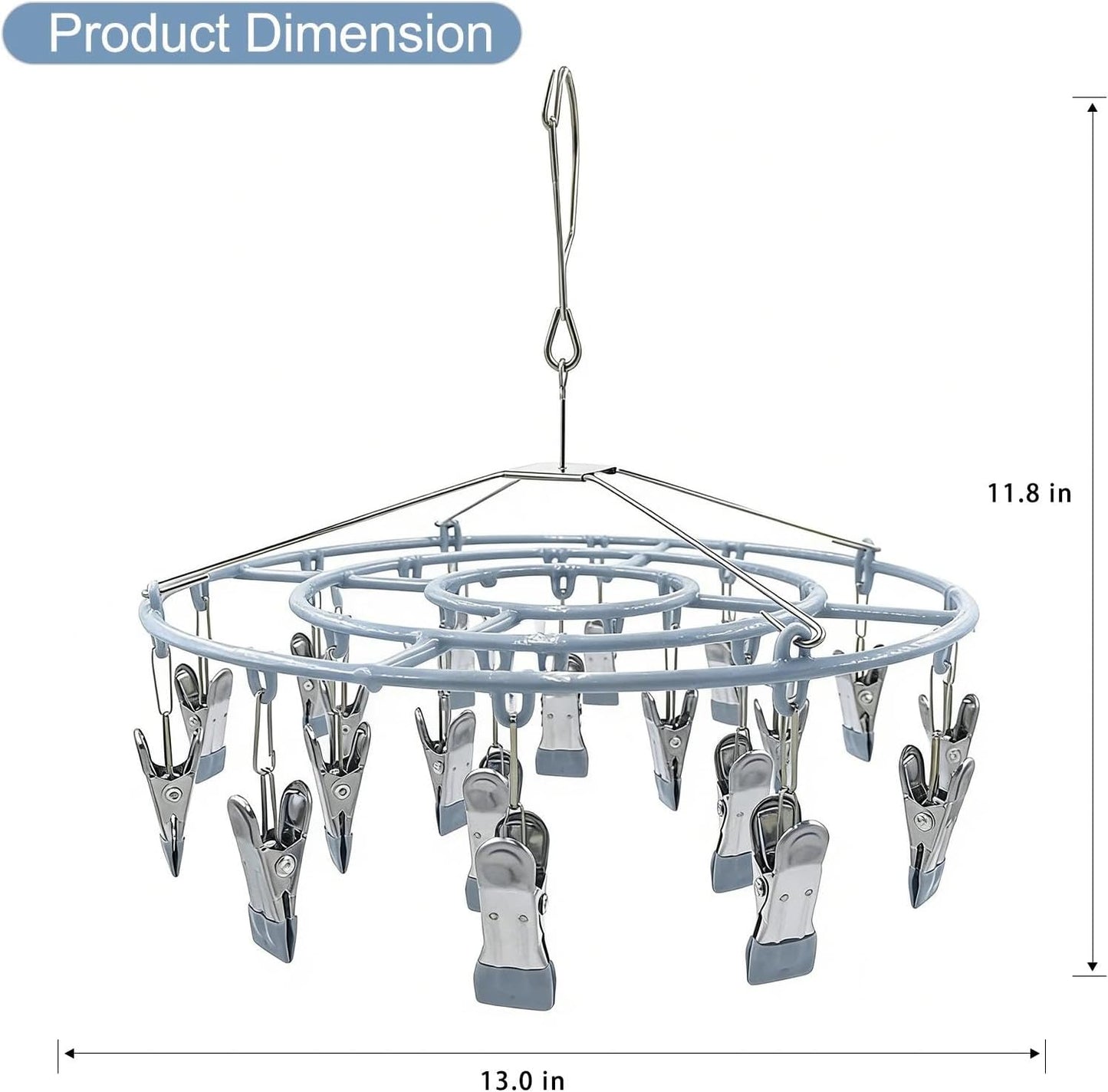 HSJH Stainless Steel Clothe Drying Rack Laundry Drip Hanger 24 Clip Metal Clothespins Round Underwear Lingerie Sock Hat Boot Large Heavy Duty Portable Indoor Outdoor Baby Wet and Dry Dryer (24 Round)