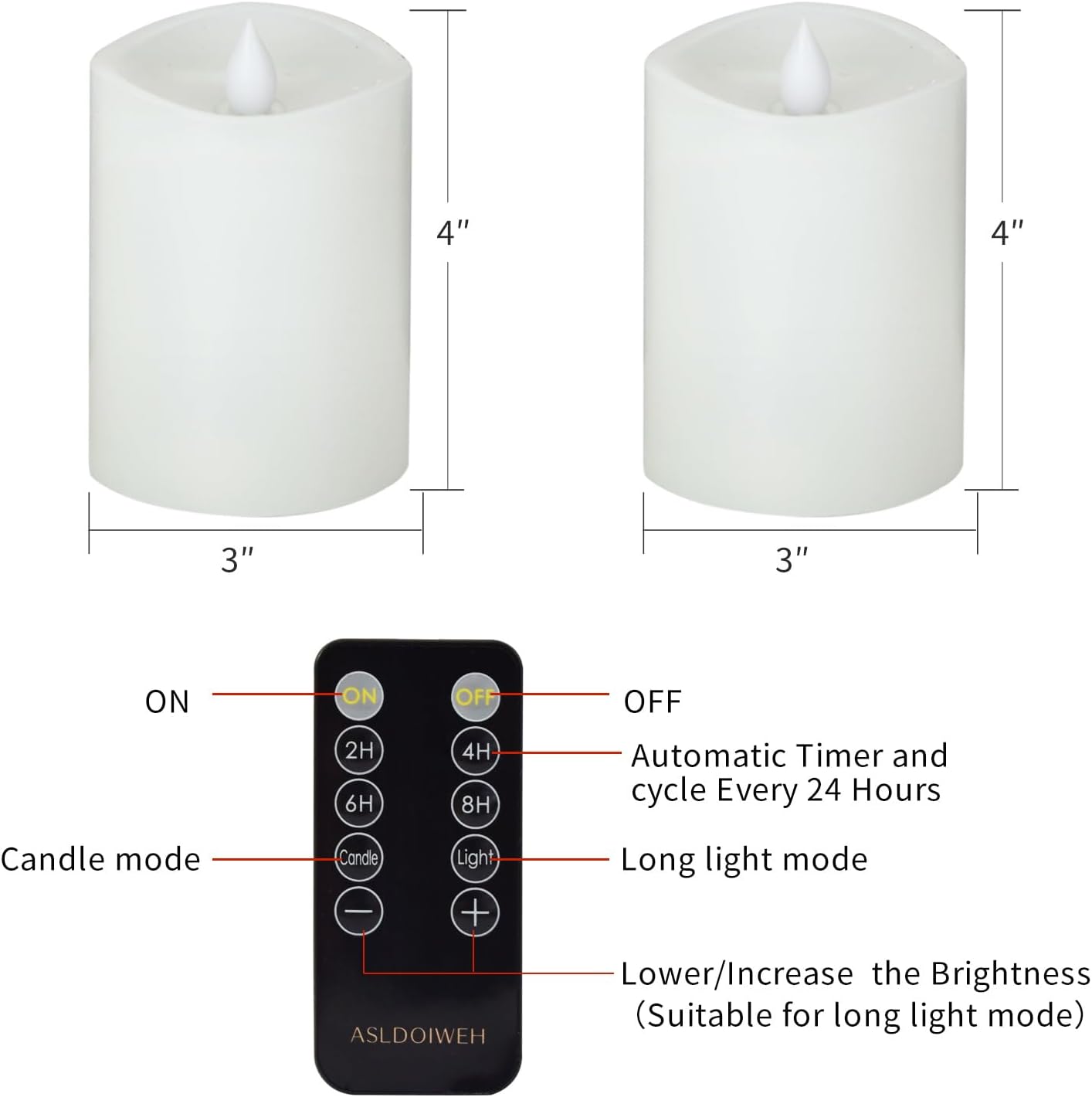 3x3 Flickering Flameless Candles Set of 2, 2AA Battery Life 600 Hours Battery Candles Flickering with Timer,3 inch Flameless Candles with Remote for Indoor/Outdoor, Ivory