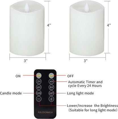 3x3 Flickering Flameless Candles Set of 2, 2AA Battery Life 600 Hours Battery Candles Flickering with Timer,3 inch Flameless Candles with Remote for Indoor/Outdoor, Ivory