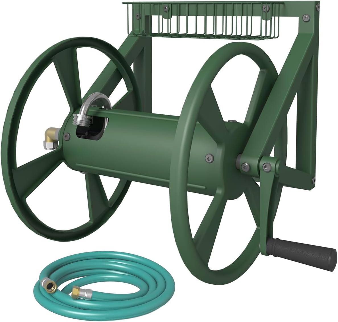 Artigarden Triangle Wall Mounted Garden Hose Reel, Outdoor Heavy-Duty Water Hoses Holder Winder, Holds 125 Ft of 5/8-Inch Hose, with 3.9 ft Leader Hose, Brass Fitting, Storage Basket for Yard, Black