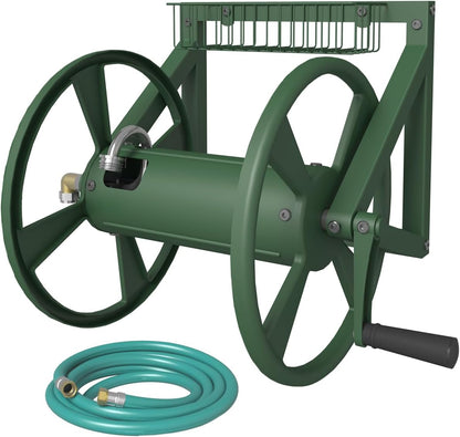 Artigarden Triangle Wall Mounted Garden Hose Reel, Outdoor Heavy-Duty Water Hoses Holder Winder, Holds 125 Ft of 5/8-Inch Hose, with 3.9 ft Leader Hose, Brass Fitting, Storage Basket for Yard, Black