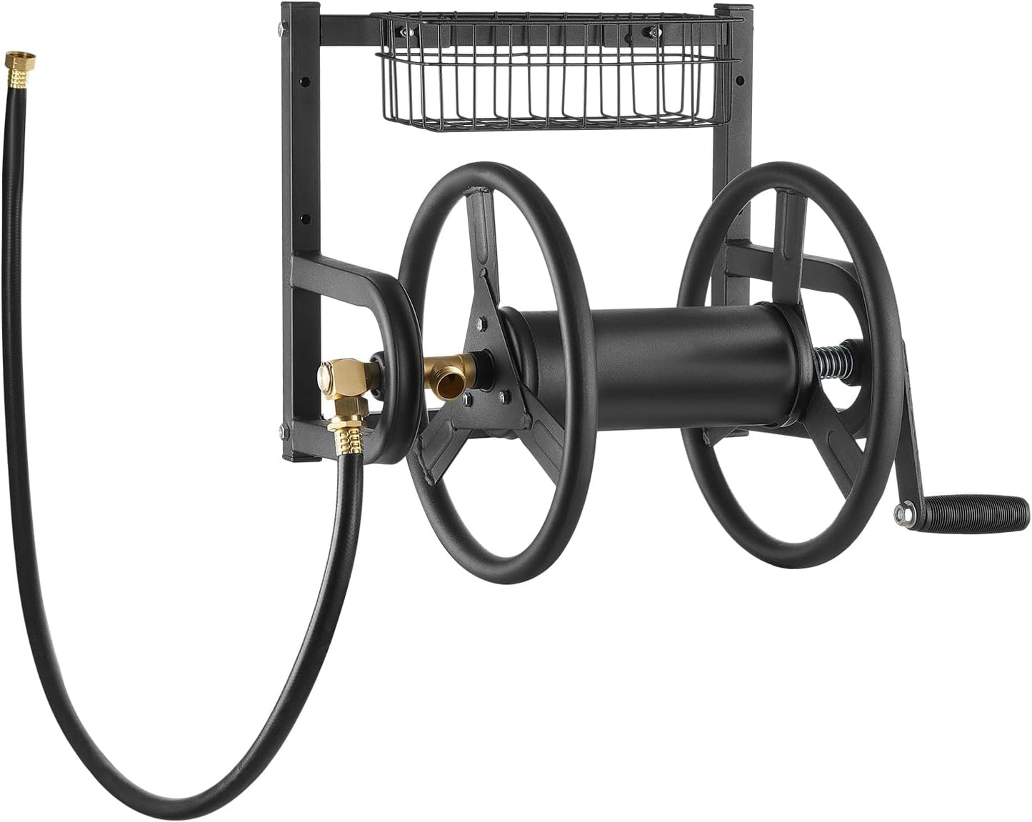 VEVOR Wall Mounted Garden Hose Reel, Holds 125 ft 5/8-inch Hose, Heavy-Duty Water Hose Winder, Space-Saving Design, Outdoor Manual Reel with Brass Fitting and Storage Basket for Yard Lawn