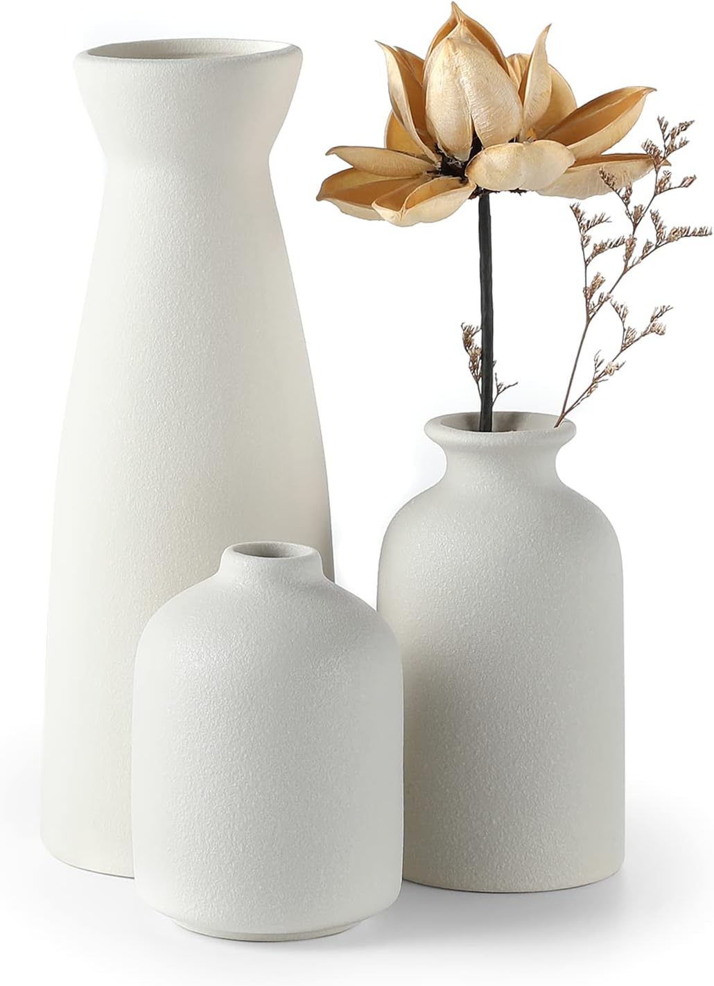 CEMABT Beige Ceramic vase Set-3 Small Flower vases for Decor,Modern Boho Farmhouse Home Decor,Decorative vase for Pampas Grass&Dried Flowers,idea Shelf,Table,Bookshelf ，Entryway- Distressed
