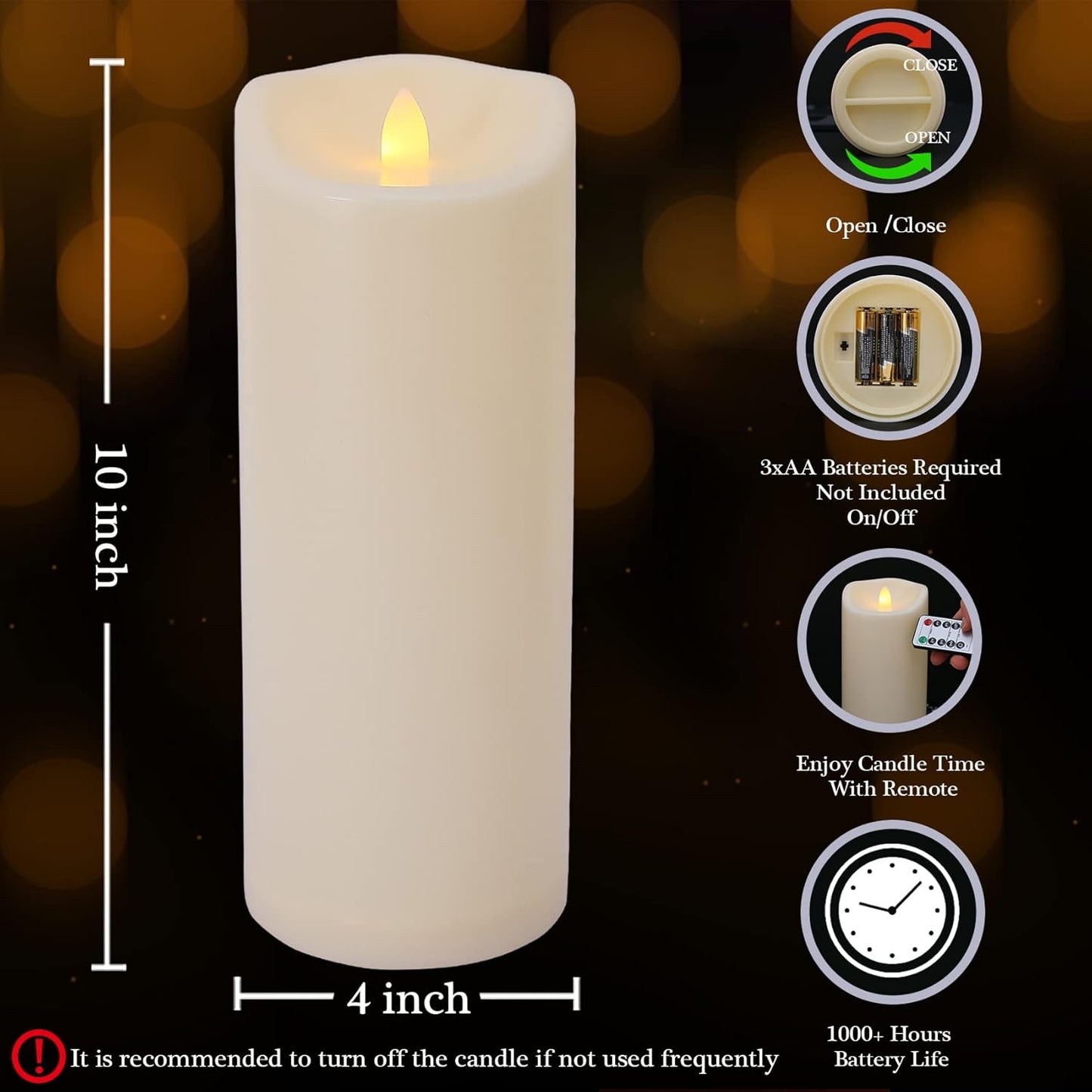 Flameless Flickering Candles with Remote and Timers, 1000 Hours Waterproof Outdoor Indoor Battery Operated LED Pillar Candles, Ivory Plastic, Set of 3(D 3" x H 4" 5" 6")