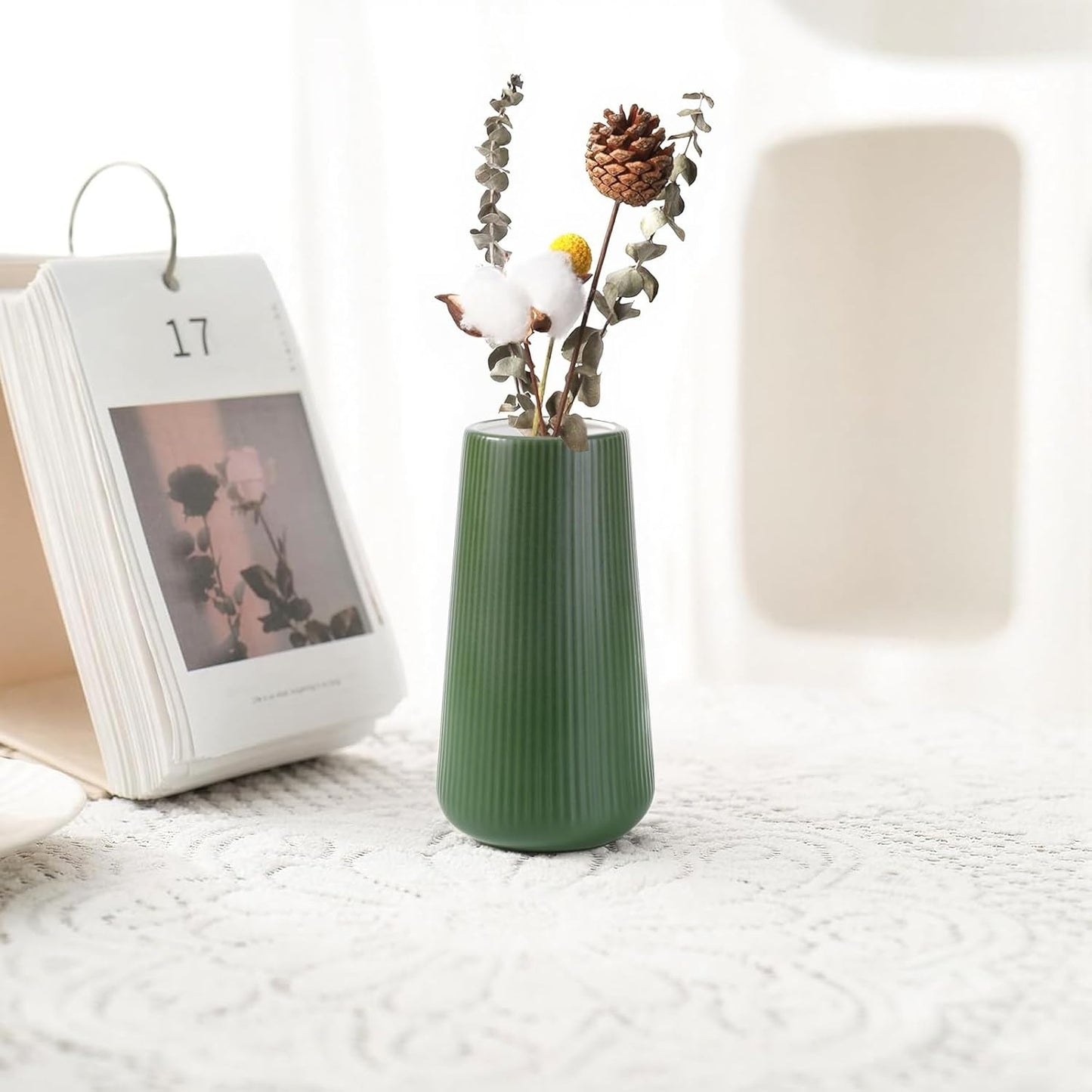 White Ceramic Vase, GUKJOB Small Cute Flower Vase for Pampas Grass, Home, Living Room, Dining Table, Farmhouse, Office Decor, Bedroom, Table, and Kitchen Shelf (White- 2PCS)