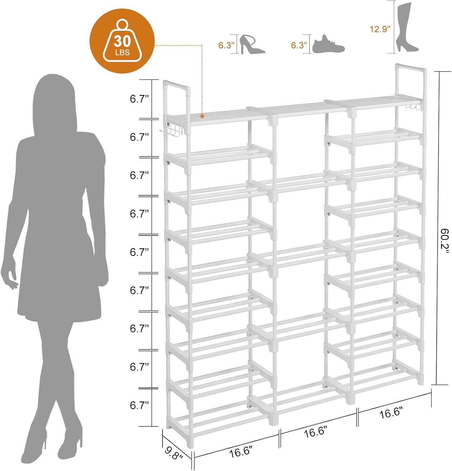 WOWLIVE 9 Tiers Large Shoe Rack Storage Organizer for Closet 50-55 Pairs Shoe Tower Unit Shelf Stackable Shoe Rack with Metal Pipes Plastic Connectors Black(SSS3B9)