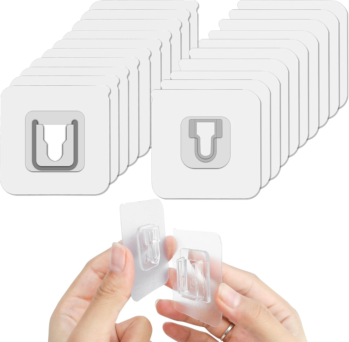 10 Pairs Double Sided Adhesive Wall Hooks Transparent - Self Mount Holder Hanger, Strong A+B Buckle Combination, 22lbs/10kg Max Heavy Duty, No-Trace Hanging for Bathroom, Kitchen, Office (20pcs)