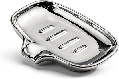 Polished Silver Soap Dish | Self-Draining Bar Soap Holder with U-Shaped Drainage, Decorative Soap Tray for Bathroom Shower & Kitchen Sink