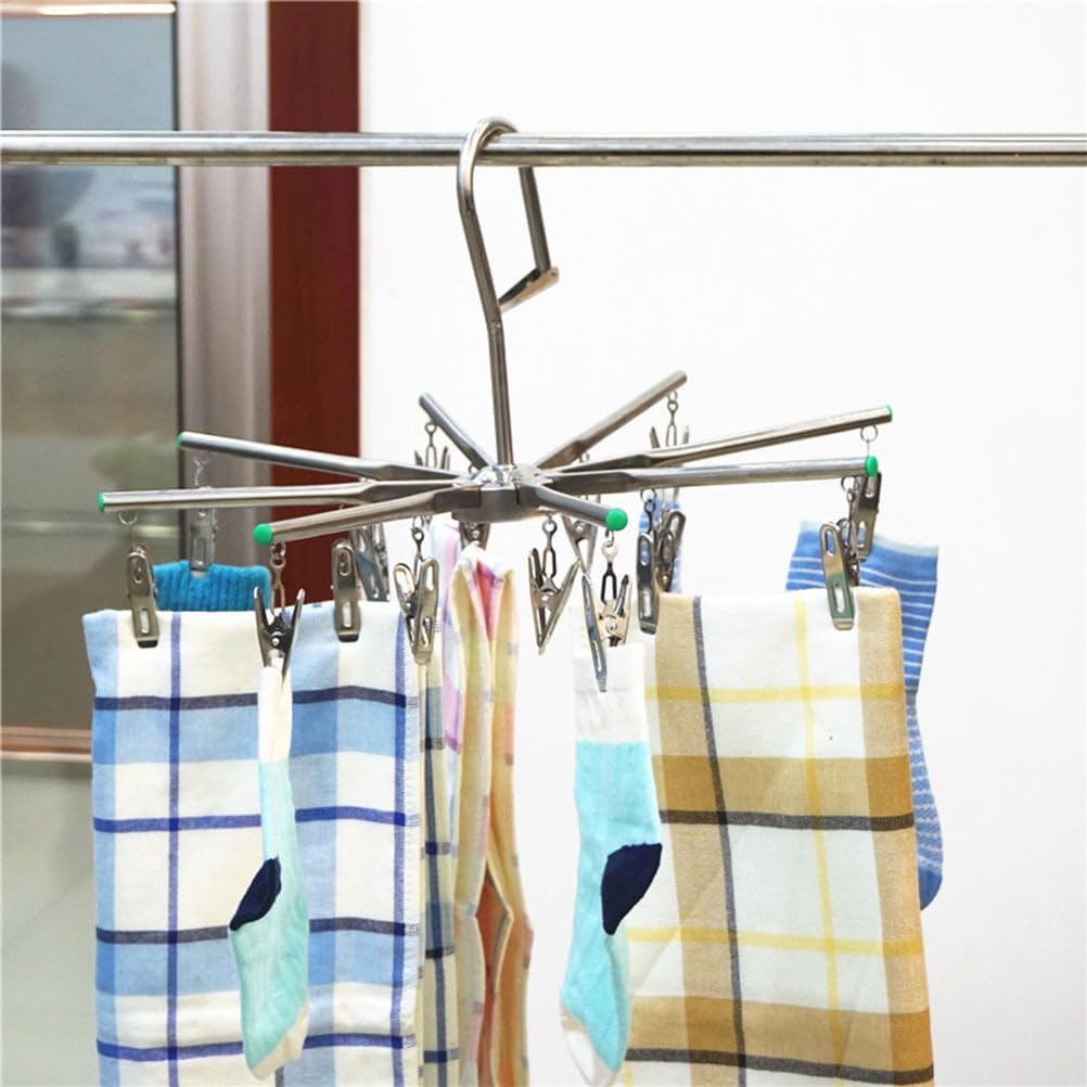 PRETYZOOM Foldable Drying Rack with 16 Clips, Portable Stainless Steel Octopus Hanging Dryer, Space-Saving Laundry Hanger for Underwear, Socks, Towels, Baby Clothes, Diapers