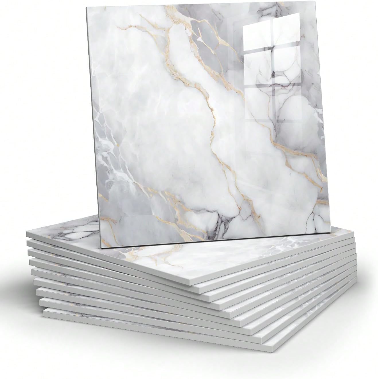 Chejiaye 10pcs Marble Peel and Stick Backsplash Waterproof Washroom Wall Panels, Peel and Stick Tile, PVC Foam Wall Panels for Kitchen,Bathroom,Living Room,Blue and Gold(Not Real Tile,11.8" x 11.8")