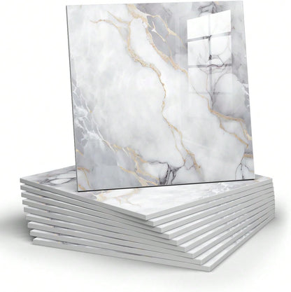 Chejiaye 10pcs Marble Peel and Stick Backsplash Waterproof Washroom Wall Panels, Peel and Stick Tile, PVC Foam Wall Panels for Kitchen,Bathroom,Living Room,Blue and Gold(Not Real Tile,11.8" x 11.8")