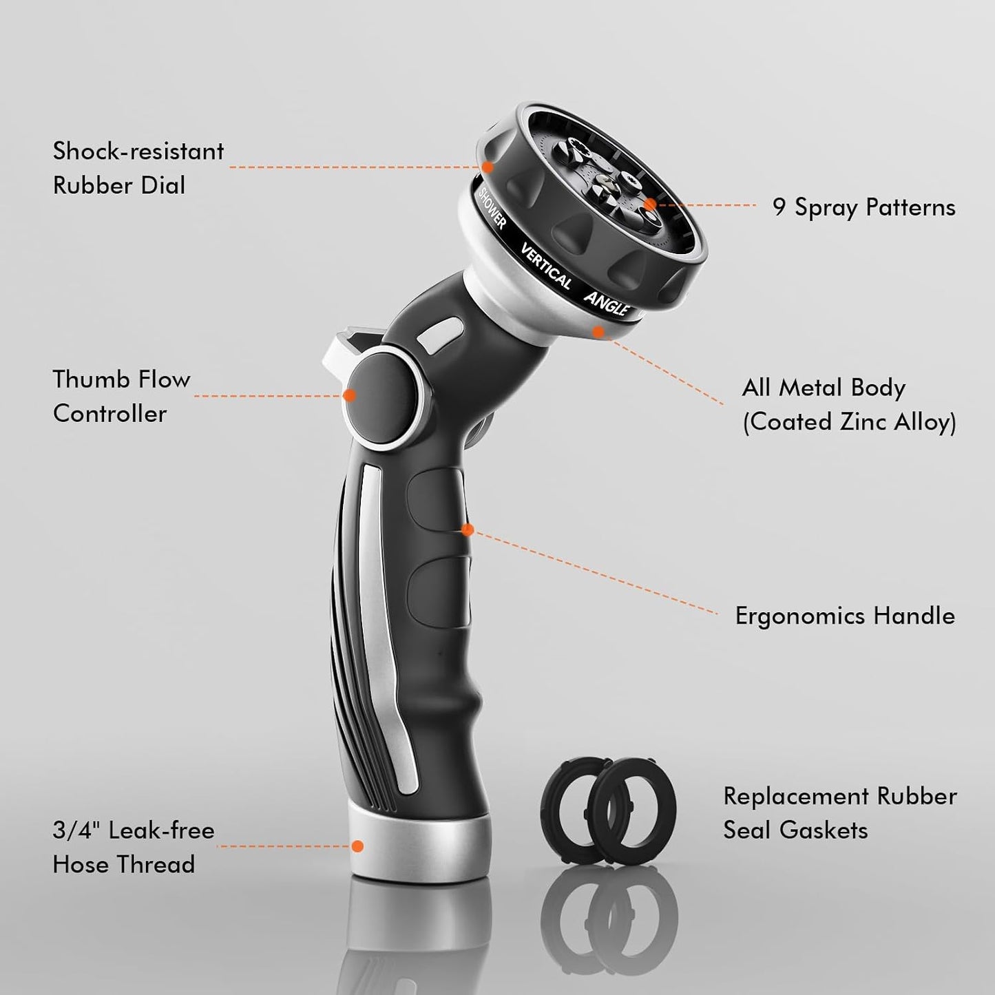 RESTMO Hose Nozzle Heavy Duty, Metal Water Hose Sprayer for Garden | 9 Spray Patterns, High Pressure, Thumb Flow Control, On/Off Valve, Ideal for Outdoor Lawn & Plant, Car & Pet, Black