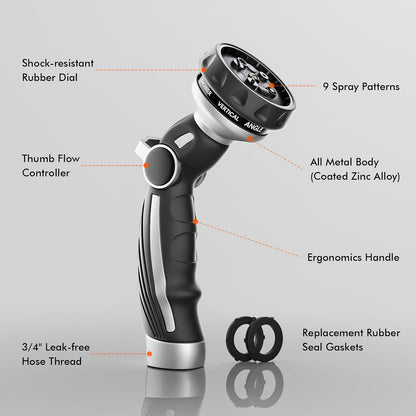 RESTMO Hose Nozzle Heavy Duty, Metal Water Hose Sprayer for Garden | 9 Spray Patterns, High Pressure, Thumb Flow Control, On/Off Valve, Ideal for Outdoor Lawn & Plant, Car & Pet, Black